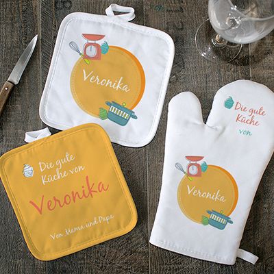 Küchenset - Personalisierbare Ofenhandschuhe, Topflappen und Schürze - Die Gute Küche