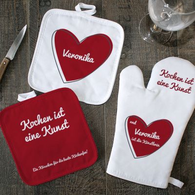 Personaliserbare Ofenhandschuh und Topflappen - Herz Vorname