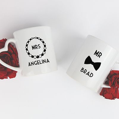 2er-Set personalisierte Tassen mit Herzhenkel - Mr & Mrs