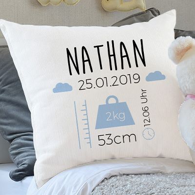 Personalisierbares Kissen - Geburt - Blau