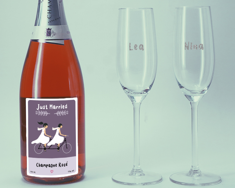 Bild 2 des Produkts Rosé-Champagner Just Married und DUO personalisierbare Sektgläser Vorname anzeigen