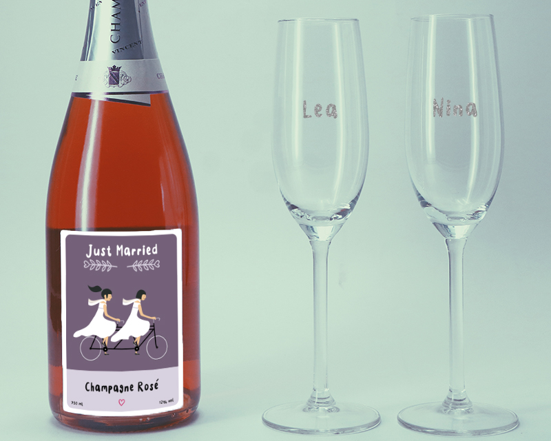 Rosé-Champagner Just Married und DUO personalisierbare Sektgläser Vorname