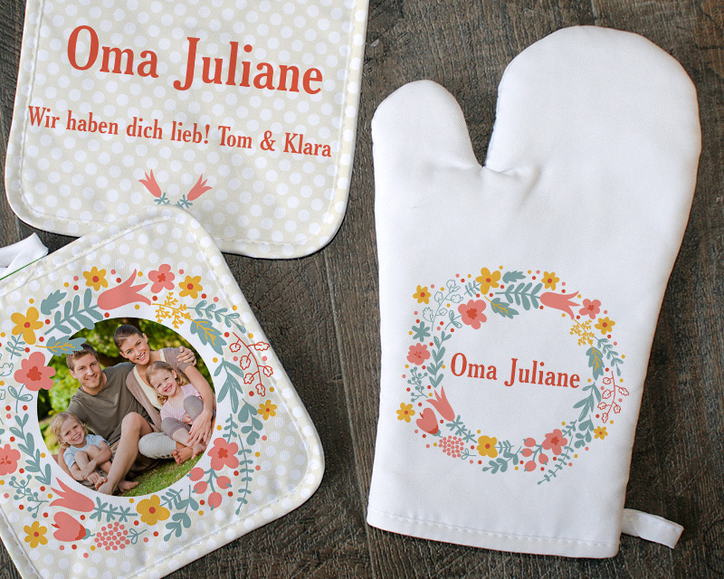 Personalisierbare Ofenhandschuh und Topflappen - Blumen