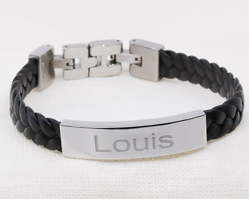 Graviertes Männer Armband aus Stahl und geflochtenem Leder