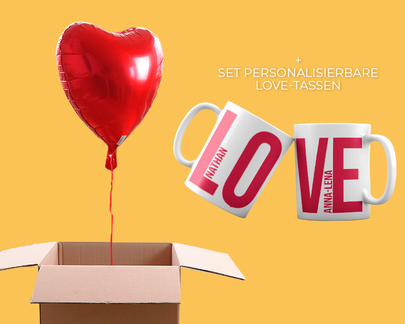 Bild 1 des Produkts DUO Heliumballon in Herzform und 2 personalisierbare Tassen - LOVE anzeigen