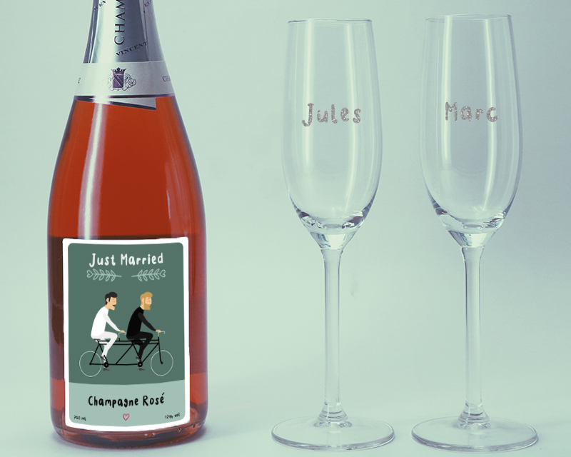 Bild 3 des Produkts Rosé-Champagner Just Married und DUO personalisierbare Sektgläser Vorname anzeigen