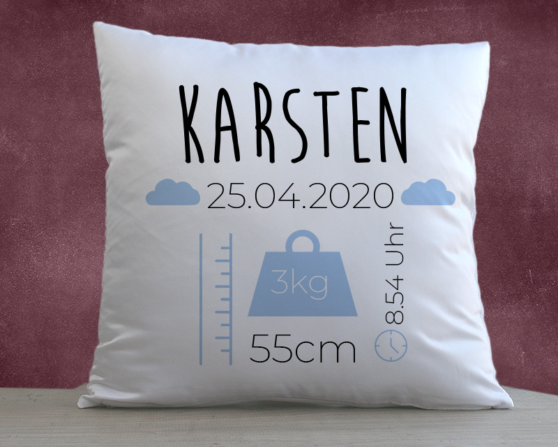 Personalisierbares Kissen - Geburt - Blau