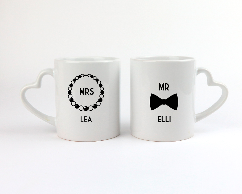 2er-Set personalisierte Tassen mit Herzhenkel - Mrs & Mrs