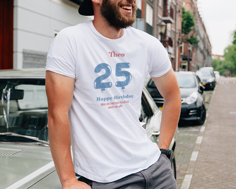 Bild 2 des Produkts Personalisierbares T-Shirt für Männer weiß - Kollektion Geburtstags-Luftballons anzeigen